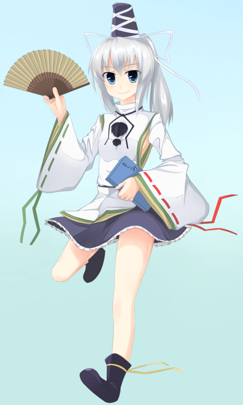 1girl absurdres black_shoes black_skirt blue_eyes blush breasts closed_mouth fan folding_fan full_body hat highres japanese_clothes kariginu long_sleeves looking_at_viewer mononobe_no_futo pom_pom_(clothes) ponytail ribbon-trimmed_sleeves ribbon_trim shoes sideboob silver_hair skirt small_breasts smile solo surota tate_eboshi touhou wide_sleeves
