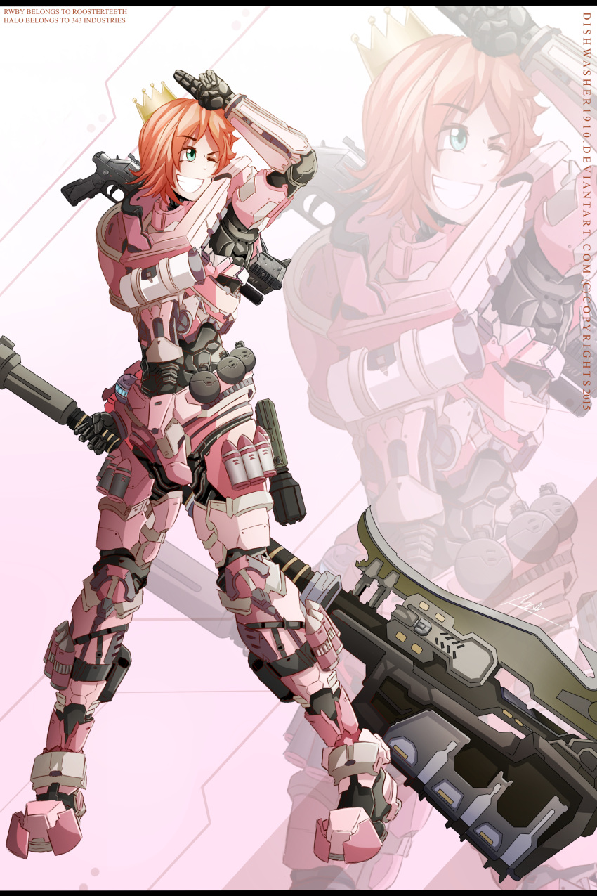 1girl absurdres crossover crown dishwasher1910 explosive gravity_hammer green_eyes grenade grenade_launcher grin gun halo_(game) hammer handgun headwear_removed helmet helmet_removed highres nora_valkyrie one_eye_closed orange_hair pink_armor pistol power_armor rwby smile spartan_(halo) weapon