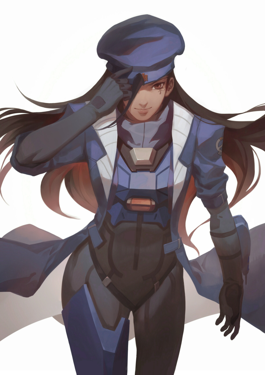 1girl absurdres ana_(overwatch) armor beret black_gloves black_hair blue_coat bodysuit brown_eyes brown_lipstick closed_mouth coat cowboy_shot dark_skin emblem eye_of_horus facial_mark facial_tattoo gauntlets gloves hand_on_headwear hand_up hat highres lipstick logo long_hair looking_at_viewer makeup military military_hat military_uniform open_clothes open_coat overcoat overwatch power_armor power_suit simple_background smile solo tattoo uniform white_background younger
