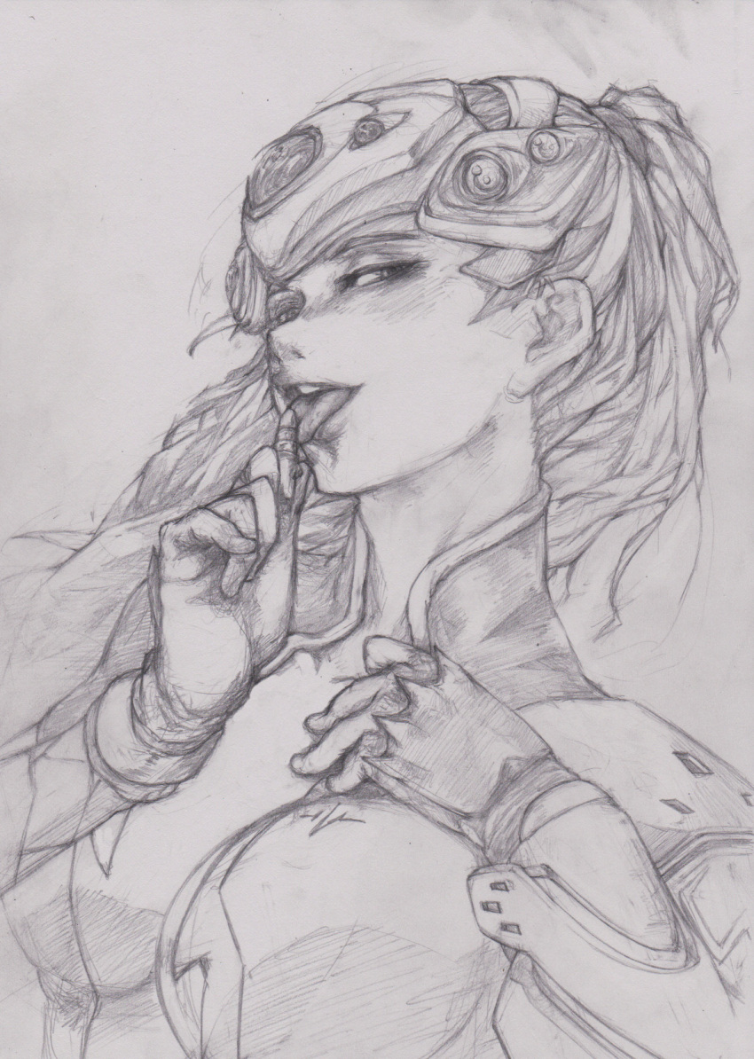 1girl bodysuit breasts bullet center_opening ears gloves head_mounted_display highres holding licking lips long_hair looking_at_viewer medium_breasts monochrome naughty_face nose open_mouth overwatch ponytail portrait simple_background sketch solo tongue tongue_out vertutame very_long_hair visor widowmaker_(overwatch)