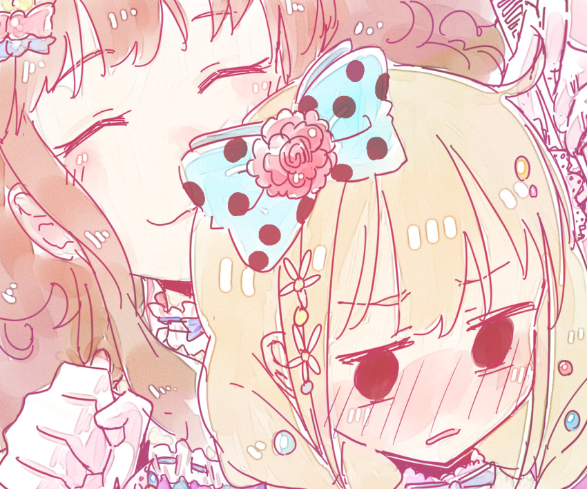 2girls ^_^ black_dog_(ckdfhd) blonde_hair blush bow brown_hair choker closed_eyes combing flower full-face_blush futaba_anzu hair_bow hair_flower hair_ornament idolmaster idolmaster_cinderella_girls moroboshi_kirari multiple_girls