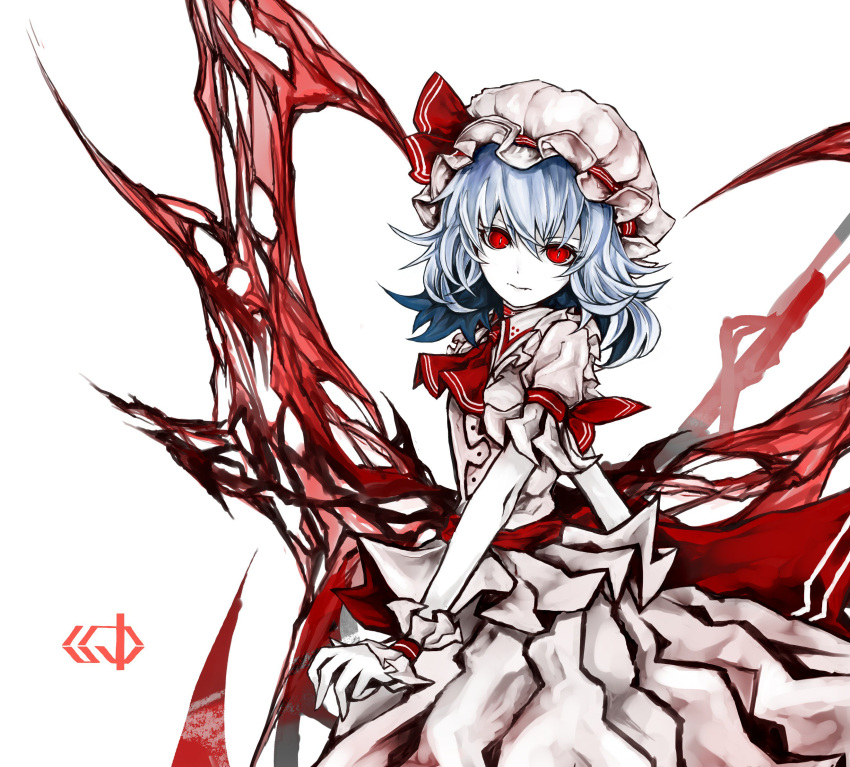 1girl ascot bat_wings blue_hair brooch closed_mouth cowboy_shot from_side hat hat_ribbon highres jewelry looking_at_viewer looking_to_the_side mob_cap pale_skin pink_shirt pink_skirt puffy_short_sleeves puffy_sleeves red_eyes red_ribbon remilia_scarlet ribbon sash shirt short_sleeves skirt skirt_set solo spear_the_gungnir touhou white_background wings wrist_cuffs yutapon