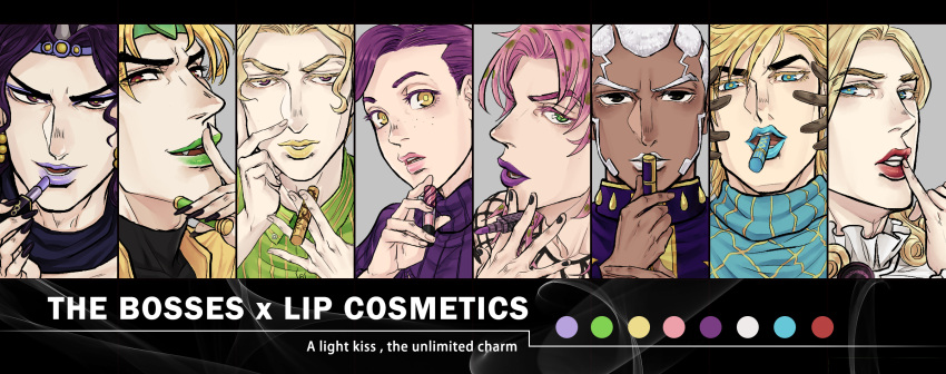 black_eyes black_nails blonde_hair blue_eyes blue_lipstick brown_eyes brown_gloves diavolo diego_brando dio_brando enrico_pucci facial_hair fangs fingernails funny_valentine gloves green_eyes green_lipstick haya-huang headband highres jojo_no_kimyou_na_bouken kars_(jojo) kira_yoshikage lipstick lipstick_tube long_fingernails makeup male_focus nail_polish pink_hair pink_lipstick purple_hair purple_lipstick red_eyes red_lipstick ribbed_sweater steel_ball_run sweater turtleneck vinegar_doppio white_hair yellow_eyes yellow_lipstick