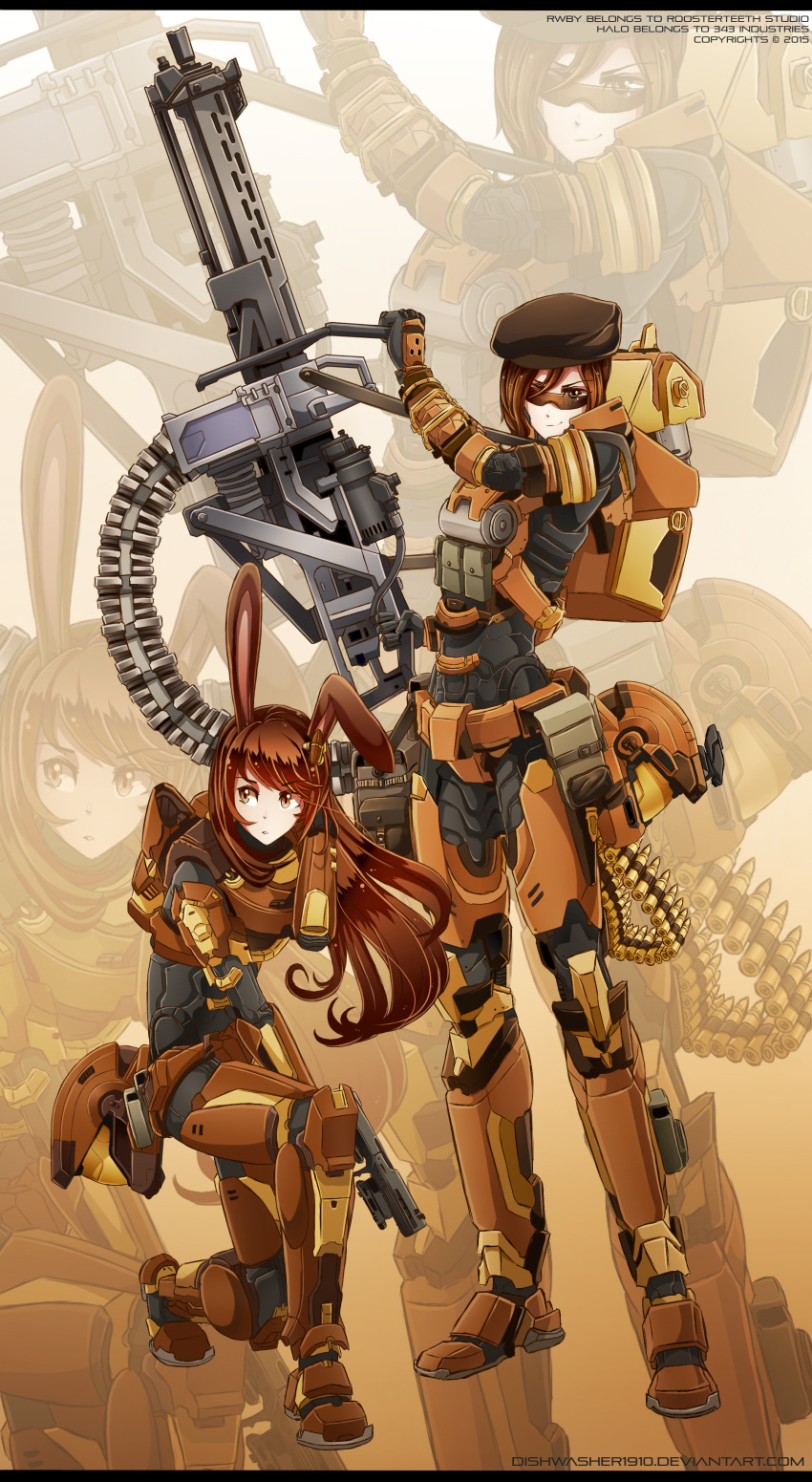 2girls absurdres animal_ears backpack bag beret black_suit bob_cut brown_armor brown_hair bullet coco_adel crossover dishwasher1910 gatling_gun gun halo_(game) handgun hat headwear_removed helmet helmet_removed highres long_hair multiple_girls pistol power_armor rabbit_ears rwby short_hair spartan_(halo) velvet_scarlatina visor weapon