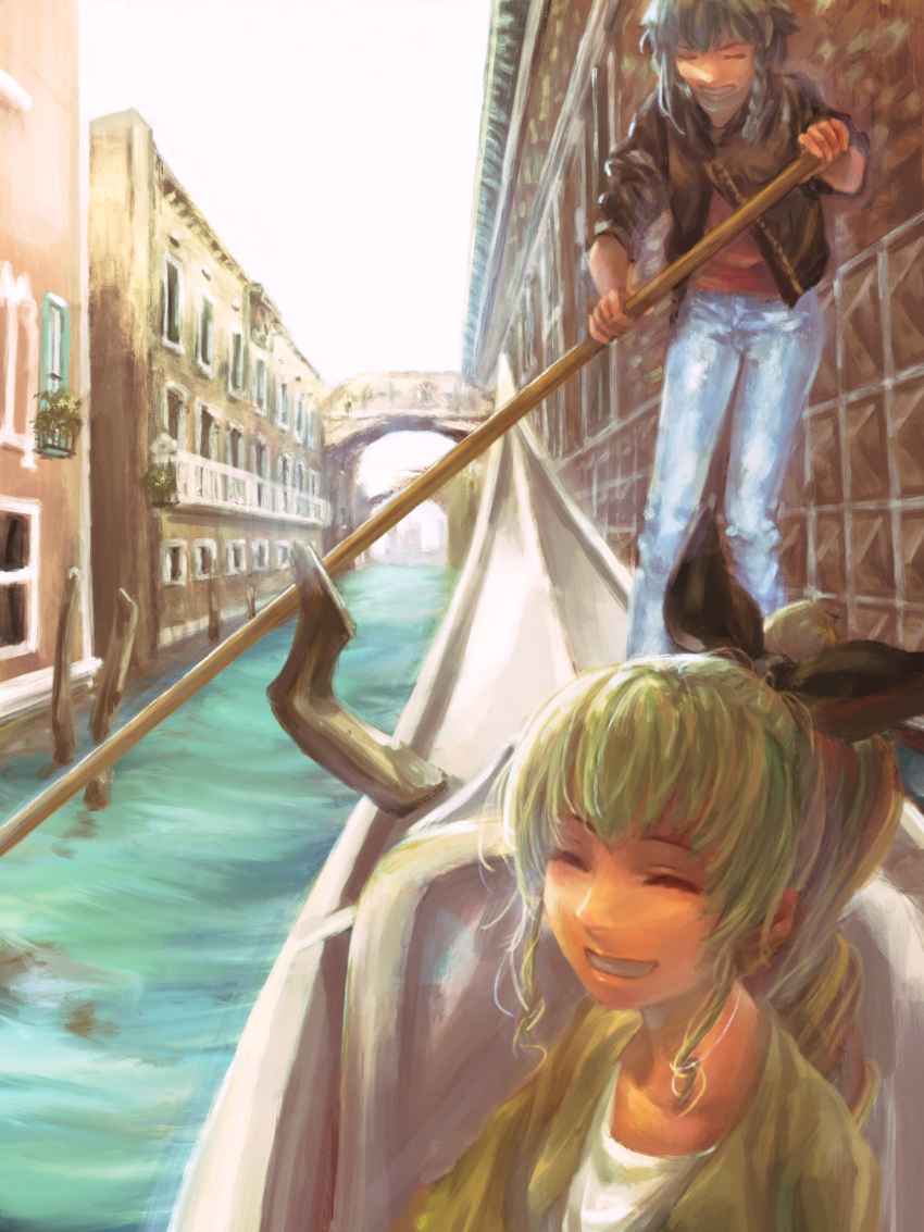 2girls alternate_hairstyle anchovy black_hair boat bow braid bridge canal casual city closed_eyes commentary denim faux_traditional_media girls_und_panzer gondola green_hair grin hair_bow happy highres jeans multiple_girls pants pepperoni_(girls_und_panzer) ponytail seven_(seven8xxx) side_braid smile vanishing_point venice water watercraft