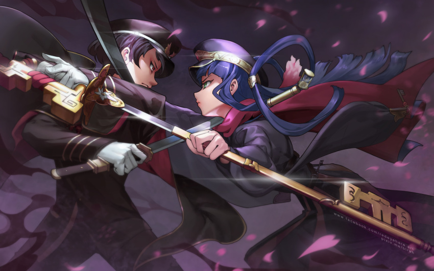 1boy 1girl action battle black_hair black_hat black_light black_pants blue_hair character_request cherry_blossoms closed_mouth cowboy_shot dual_wielding eye_contact frown gakuran glint gloves gradient gradient_background hair_ornament hair_rings hat highres holding holding_sword holding_weapon hourglass key long_hair long_sleeves looking_at_another mexican_standoff monster_strike motion_blur pants parted_lips peaked_cap profile red_eyes red_lips red_scarf scarf school_uniform shaded_face sheath short_hair smoke sword twintails unsheathing watermark weapon web_address white_gloves wide_sleeves
