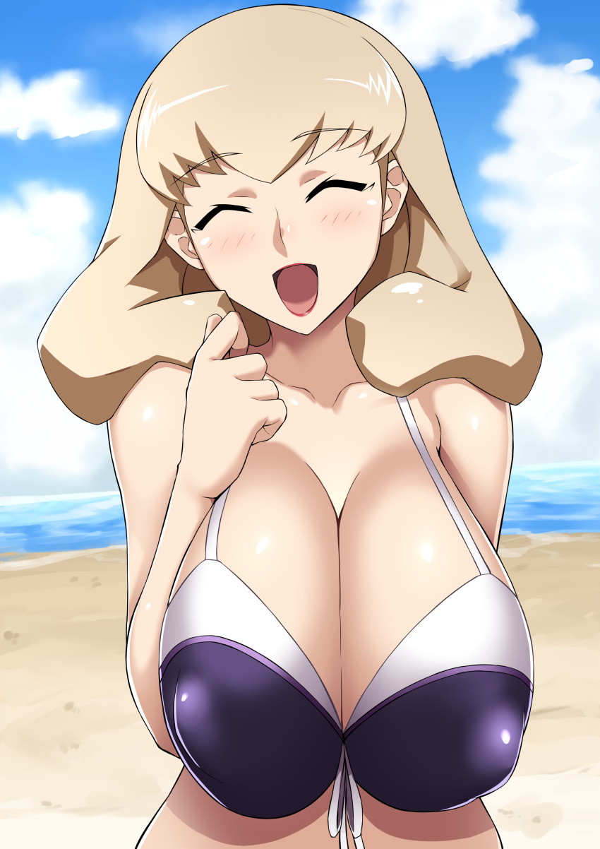 1girl absurdres bikini blonde_hair bnc_(bunshi) breasts cleavage closed_eyes female highres huge_breasts looking_at_viewer mizuki_rei smile solo swimsuit time_travel_shoujo