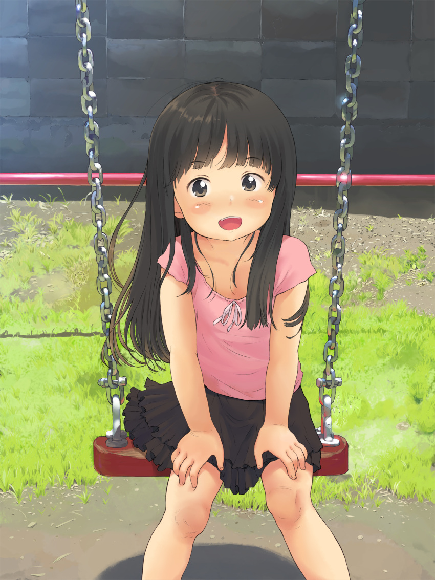 1girl absurdres anyannko black_eyes black_hair child hands_on_own_thighs highres long_hair open_mouth original outdoors shirt sitting skirt smile solo swing