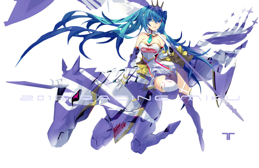 1girl aqua_eyes aqua_hair aqua_necktie bare_shoulders boots breasts cleavage closed_mouth commentary detached_collar dress flag floating_hair full_body hatsune_miku headgear highres horseback_riding kiwamu knee_boots long_hair looking_at_viewer medium_breasts necktie over-kneehighs riding short_dress solo strapless strapless_dress thigh-highs twintails unicorn very_long_hair vocaloid white_background white_boots white_dress white_legwear