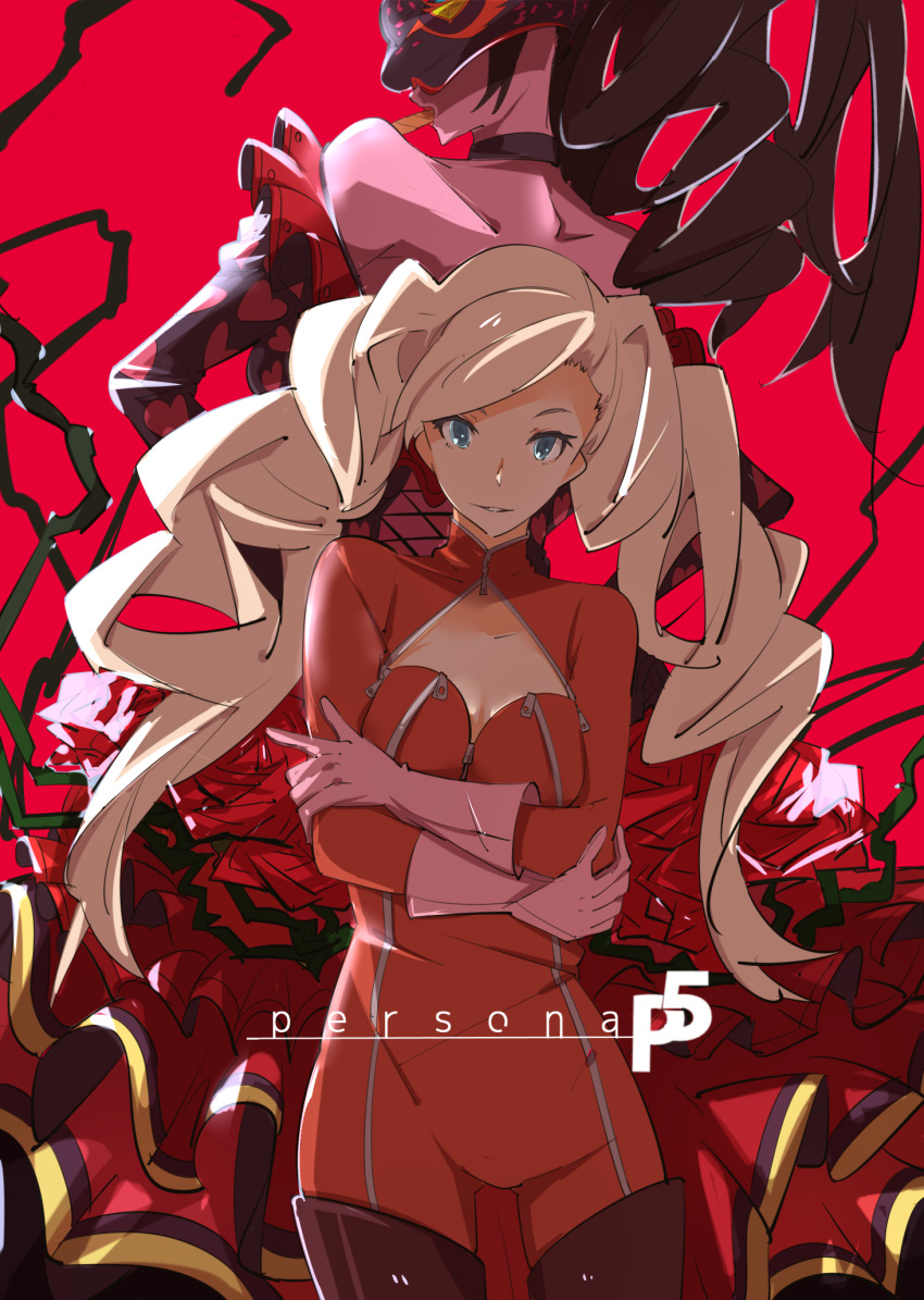 2girls back-to-back blonde_hair breasts carmen_(persona_5) cigar cleavage highres latex looking_at_viewer multiple_girls persona persona_5 plant red_background smile takamaki_ann twintails uki_kumo vines zipper