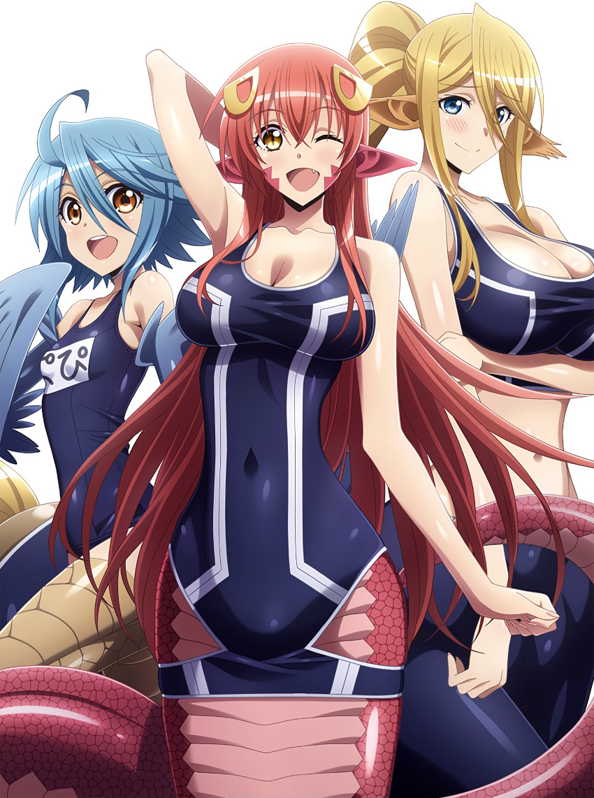 3girls :d ;d ahoge animal_ears arm_behind_head artist_request bikini blonde_hair blue_eyes blue_hair blue_wings blush breasts brown_eyes centaur centorea_shianus cleavage collarbone covered_navel cowboy_shot fang feathered_wings hair_ornament hairclip harpy highres horse_ears huge_breasts lamia large_breasts long_hair looking_at_viewer miia_(monster_musume) monster_girl monster_musume_no_iru_nichijou multiple_girls navel official_art one-piece_swimsuit one_eye_closed open_mouth papi_(monster_musume) pointy_ears redhead scales school_swimsuit simple_background slit_pupils small_breasts smile standing swimsuit taut_clothes taut_swimsuit very_long_hair white_background wings yellow_eyes