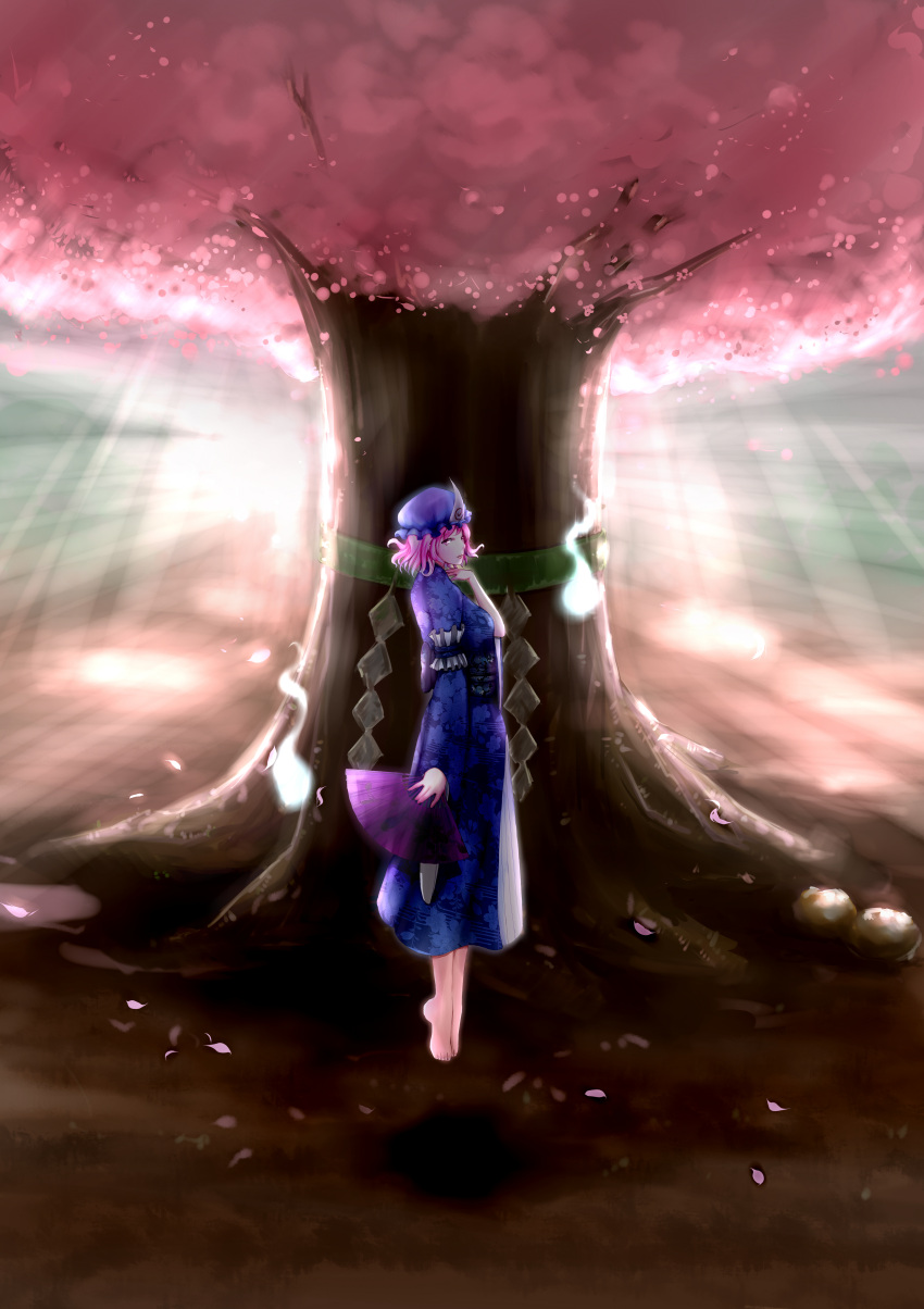 1girl absurdres barefoot blue_dress cherry_blossoms dress fan floating folding_fan from_side full_body hat highres hitodama japanese_clothes kimono long_sleeves looking_at_viewer looking_to_the_side mob_cap obi petals pink_eyes pink_hair saigyou_ayakashi saigyouji_yuyuko sash short_hair solo sprog sunlight touhou triangular_headpiece wide_sleeves
