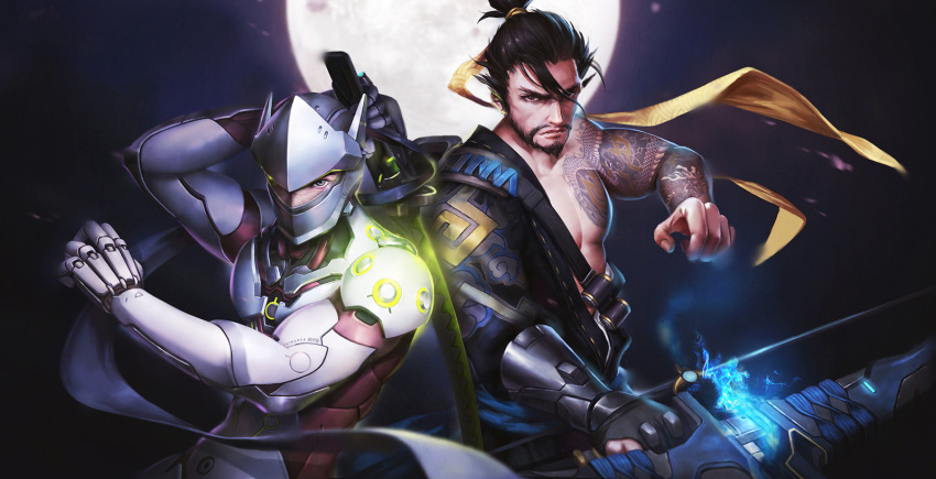 2boys arm_tattoo arm_up armor asymmetrical_clothes bandolier bangs bare_shoulders belt black_hair bodysuit bow_(weapon) brothers brown_eyes chest_tattoo closed_mouth collarbone cowboy_shot cyborg dragon_tattoo full_moon genji_(overwatch) glowing hair_ornament hair_ribbon hair_tie hanzo_(overwatch) headband headwear helmet high_ponytail highres holding holding_sword holding_weapon japanese_clothes katana long_hair looking_at_viewer male_focus mask moon multiple_boys oryuvv overwatch ponytail power_armor quiver ribbon sash scar scar_across_eye short_ponytail siblings strap sword tattoo upper_body veil weapon yellow_ribbon