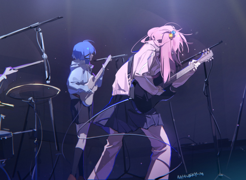 2girls artist_name black_skirt black_socks blue_hoodie bocchi_the_rock! electric_guitar english_commentary feet_out_of_frame gotou_hitori guitar hair_cubes hair_ornament highres holding hood hood_down hoodie instrument jacket kneehighs light_particles long_hair long_sleeves messy_hair microphone_stand multiple_girls music nyansky pants pants_under_skirt pink_hair pink_jacket pink_pants playing_instrument pleated_skirt red_footwear short_hair skirt socks stage standing track_jacket yamada_ryou