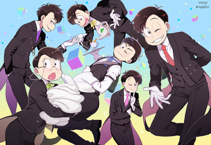 6+boys ;3 alternate_hairstyle bow bowtie brothers brown_eyes brown_hair butler cup finger_to_mouth glasses gloves grin male_focus matsuno_choromatsu matsuno_ichimatsu matsuno_juushimatsu matsuno_karamatsu matsuno_osomatsu matsuno_todomatsu mery_(apfl0515) multiple_boys necktie one_eye_closed open_mouth osomatsu-kun osomatsu-san siblings smile tailcoat tea teacup teapot towel tray waistcoat white_gloves