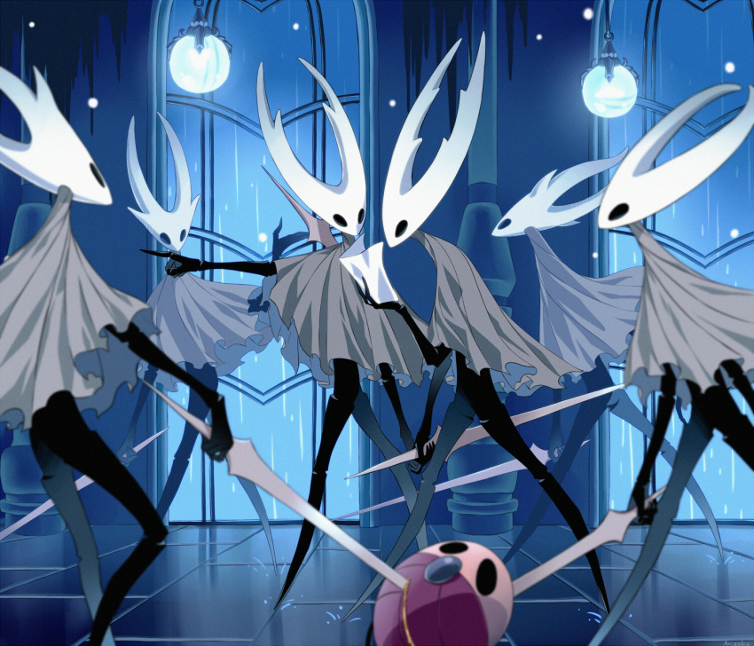 6+others arizuka_(catacombe) bug cloak commentary_request grey_cloak highres holding holding_paper holding_sword holding_weapon hollow_knight horns insect lamp looking_at_another multiple_others paper rain sword weapon white_helmet window