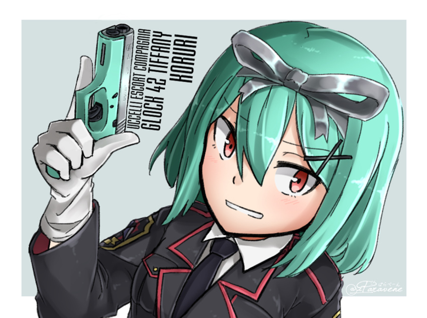 1girl :d aqua_hair eyebrows eyebrows_visible_through_hair glock glock_42 gloves grin gun hair_ornament hair_ribbon hairclip handgun looking_at_viewer military necktie open_mouth original paravene pistol red_eyes ribbon smile trigger_discipline uniform weapon