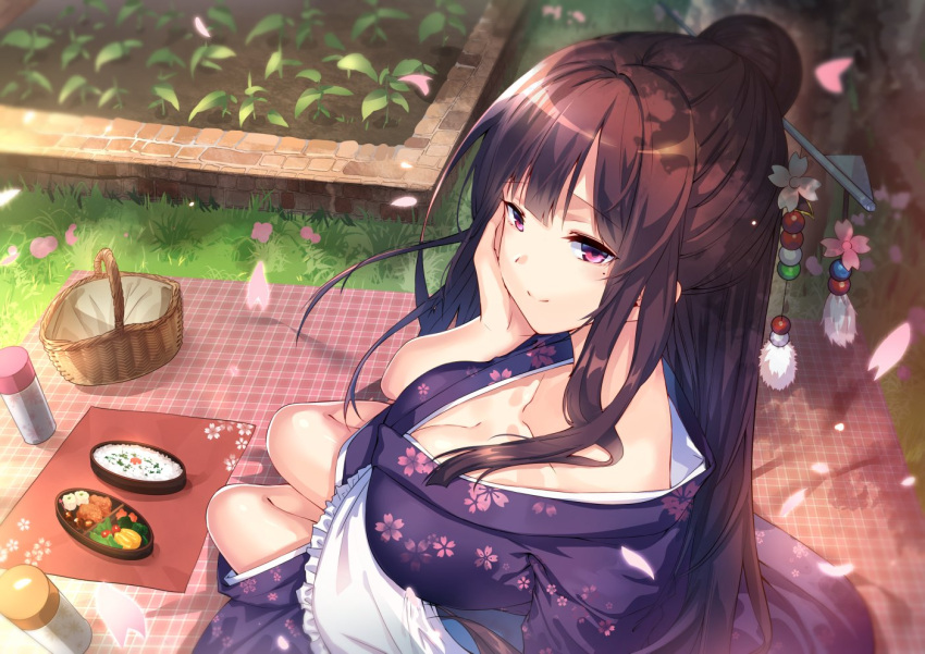 1girl apron bangs basket blanket breasts brick brown_hair cherry_blossoms cleavage closed_mouth collarbone floral_print flower flower_bed frilled_apron frills from_above grass hair_bun hair_flower hair_ornament hair_stick hand_on_own_cheek japanese_clothes kimono large_breasts long_hair looking_at_viewer mature mole mole_under_eye obentou original outdoors petals picnic picnic_basket pink_eyes plant sidelocks sitting smile solo thermos uu_uu_zan waist_apron yokozuwari