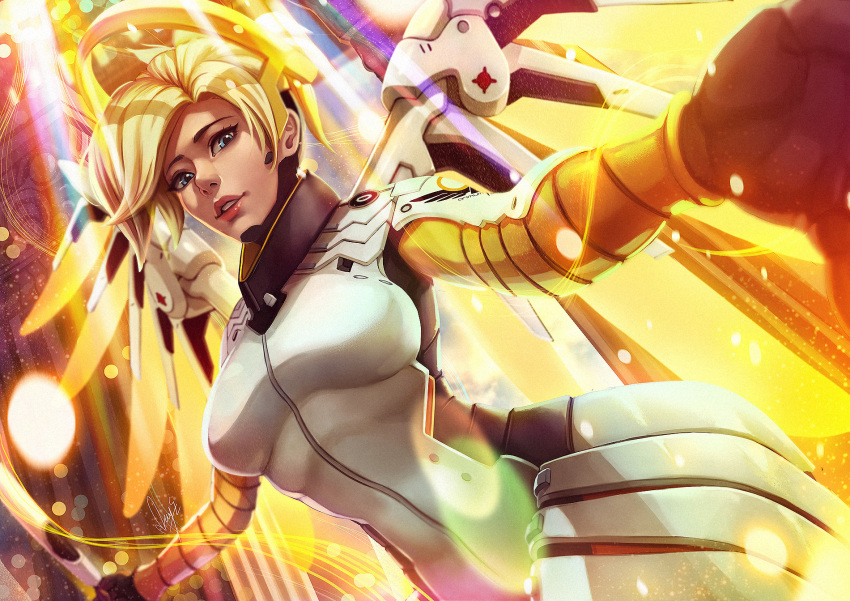 1girl blonde_hair blue_eyes bodysuit breasts eyebrows foreshortening highres large large_breasts lips looking_at_viewer looking_to_the_side magion02 mechanical_halo mechanical_wings mercy_(overwatch) nose orb outstretched_arms overwatch parted_lips short_hair signature solo teeth wings yellow_wings