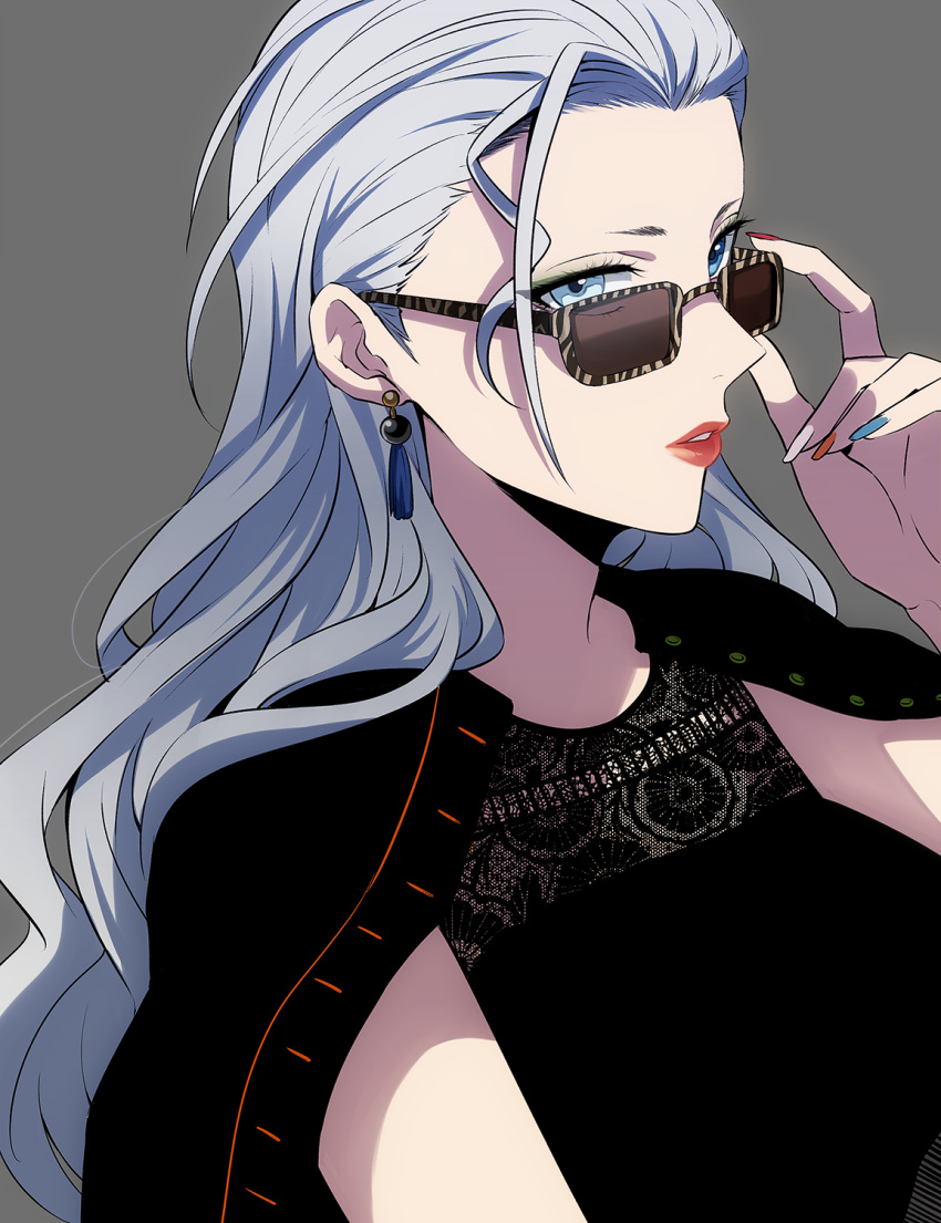 1girl adjusting_glasses alternate_hairstyle beads blue_eyes blue_nails breasts curacao earrings eyelashes glasses hair_down heterochromia highres jacket_on_shoulders jewelry lace long_hair looking_at_viewer medium_breasts meitantei_conan multicolored_nail_polish nail_polish nuku parted_lips red_lips silver_hair simple_background smile solo sunglasses tassel upper_body