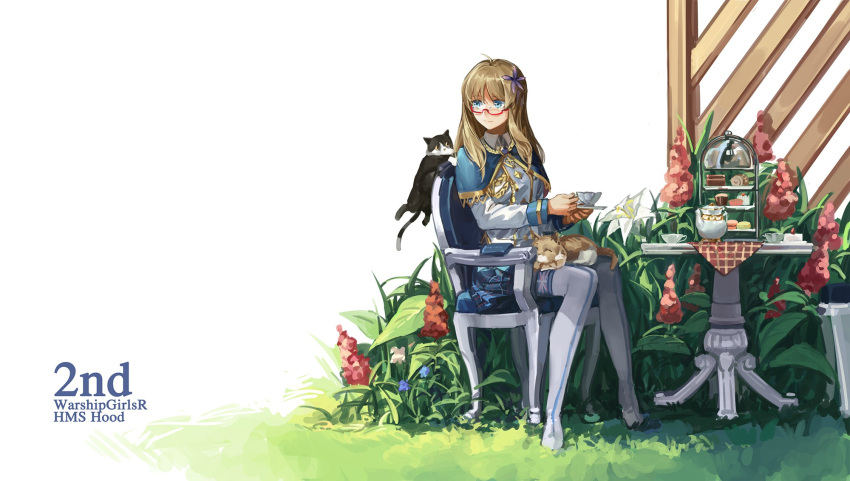 1girl aiguillette blonde_hair blue_eyes blue_skirt boots cake capelet cat chair character_name copyright_name cup fence flower food full_body grass hair_flower hair_ornament highres holding holding_cup hood_(zhan_jian_shao_nyu) long_hair looking_to_the_side military military_uniform outdoors plaid plaid_skirt plant pleated_skirt red-framed_eyewear rff_(3_percent) shirt sitting skirt snack solo table teacup teapot text thigh-highs thigh_boots uniform union_jack white_background white_footwear white_shirt zhan_jian_shao_nyu
