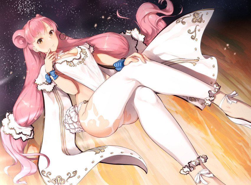 1girl blush breasts brown_eyes cleavage crossed_legs hair_ornament hand_on_own_knee long_hair looking_at_viewer neo-masterpeacer original pink_hair ribbon solo wrist_ribbon