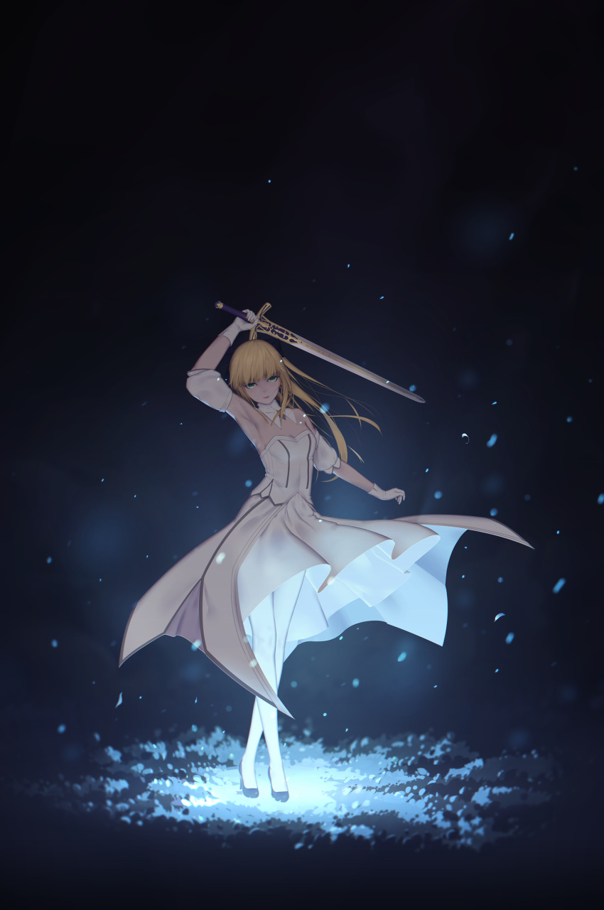 1girl absurdres ahoge arm_up armpits bare_shoulders black_shoes blonde_hair commentary_request detached_collar detached_sleeves dress fate/stay_night fate/unlimited_codes fate_(series) gloves green_eyes highres long_hair maredoro saber saber_lily shoes solo sword weapon white_dress white_gloves white_legwear