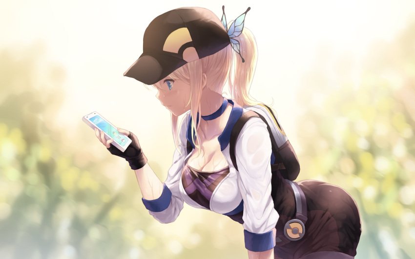 1girl ass backpack bag baseball_cap belt bent_over blonde_hair blue_eyes blurry boku_wa_tomodachi_ga_sukunai breasts butterfly butterfly_hair_ornament cait cellphone choker cleavage collarbone cosplay depth_of_field female_protagonist_(pokemon_go) female_protagonist_(pokemon_go)_(cosplay) fingerless_gloves gloves hair_ornament hat highres holding hot kashiwazaki_sena long_hair medium_breasts phone pokemon pokemon_go profile shorts sidelocks solo sweat sweating sweating_profusely wet wet_clothes