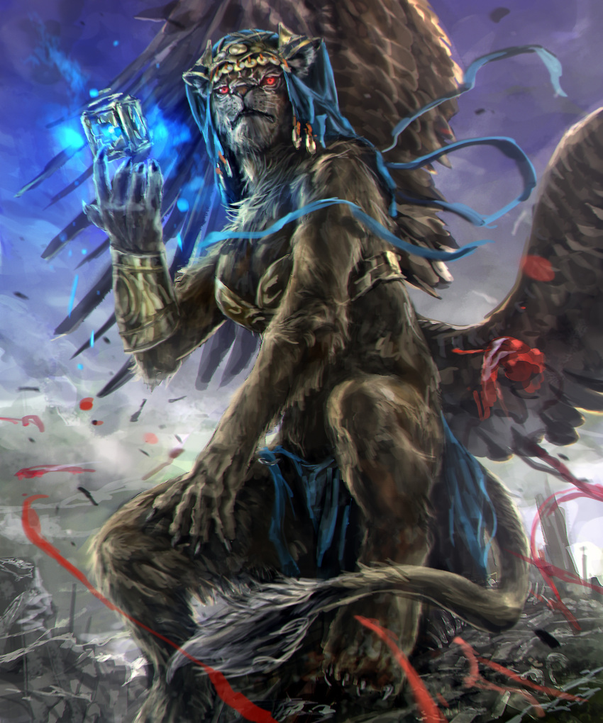 absurdres bracelet fantasy full_body highres jewelry kamigoku_no_valhalla_gate mad_(artist) monster no_humans outdoors red_eyes sitting solo sphinx standing wings