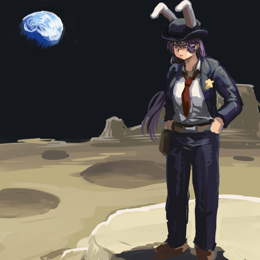 1girl alternate_costume animal_ears belt blue_jacket blue_pants chanta_(ayatakaoisii) collared_shirt crater earth hands_on_hips hat highres holster jacket long_sleeves looking_down loose_necktie moon necktie pants purple_hair rabbit_ears red_eyes red_necktie reisen_udongein_inaba sheriff sheriff_badge shirt solo space standing touhou white_shirt wind