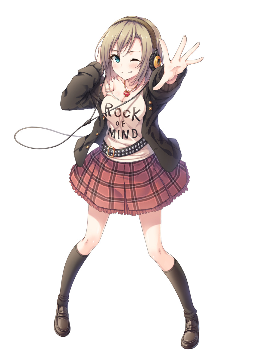 1girl belt blush breasts brown_hair clothes_writing full_body green_eyes hasumi_(hasubatake39) headphones headphones_around_neck highres idolmaster idolmaster_cinderella_girls jewelry kneehighs looking_at_viewer necklace one_eye_closed outstretched_hand plaid plaid_skirt short_hair simple_background skirt smile solo tada_riina white_background