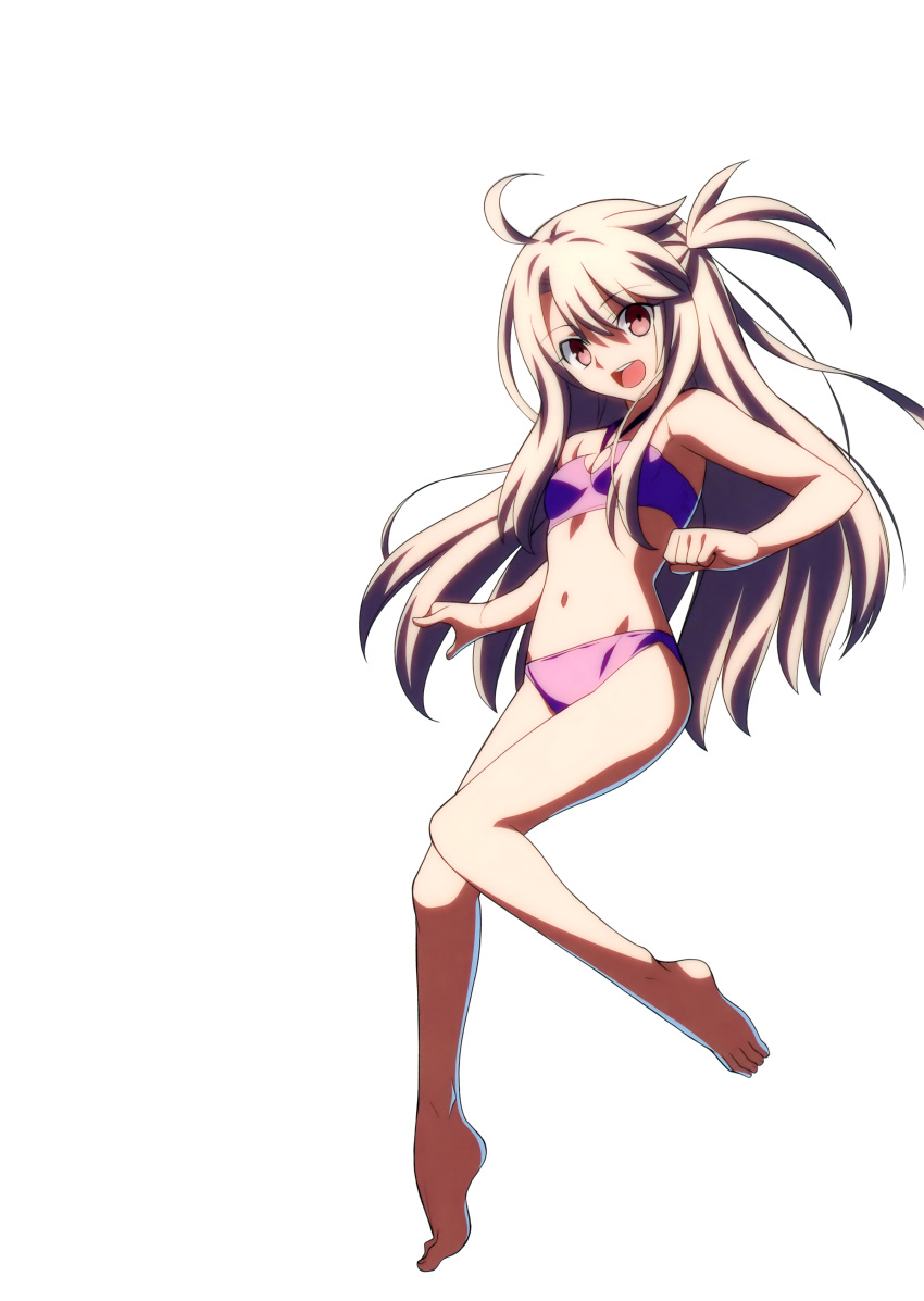 :d absurdres ahoge bare_legs bare_shoulders barefoot bikini breasts cleavage fate/kaleid_liner_prisma_illya fate_(series) flipped_hair full_body halterneck highres illyasviel_von_einzbern light_brown_hair long_hair looking_at_viewer navel one_side_up open_mouth purple_bikini sidelocks simple_background small_breasts smile swimsuit takeuchi_takashi violet_eyes white_background