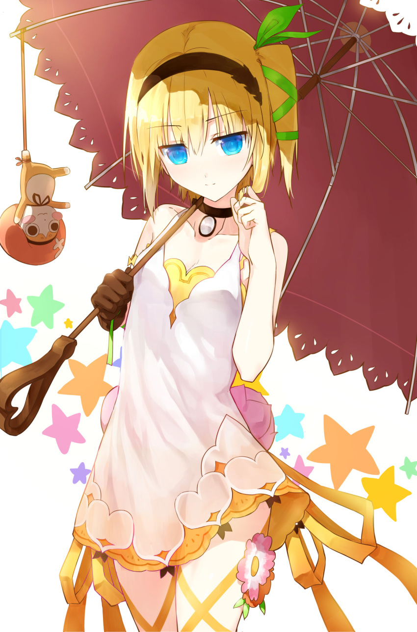1girl akitaka_(pixiv12739753) asymmetrical_gloves black_hairband blonde_hair blue_eyes breasts brown_gloves cleavage collarbone dress edna_(tales) eyebrows eyebrows_visible_through_hair gloves green_ribbon hair_between_eyes hair_ribbon hair_twirling hairband highres holding holding_umbrella one_side_up ribbon short_hair_with_long_locks small_breasts solo tales_of_(series) tales_of_zestiria umbrella yellow_ribbon