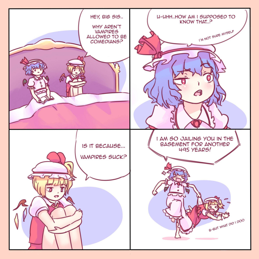 2girls anger_vein bed blanket blonde_hair blue_hair bow comic english flandre_scarlet hat hat_bow hat_ribbon highres mob_cap multiple_girls puffy_short_sleeves puffy_sleeves pun red_eyes remilia_scarlet ribbon short_sleeves side_ponytail touhou wings yoruny