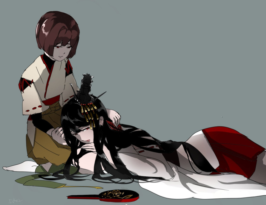 2girls black_hair bodysuit brown_eyes brown_hair commentary_request detached_sleeves fusou_(kantai_collection) grey_background hair_ornament hakama hand_mirror hand_on_another's_leg hand_on_another's_shoulder holding_hands hyuuga_(kantai_collection) japanese_clothes kantai_collection kousetsu_(nonosuke) lap_pillow long_hair lying mirror multiple_girls nontraditional_miko on_stomach red_eyes red_hakama seiza short_hair sitting sketch wide_sleeves