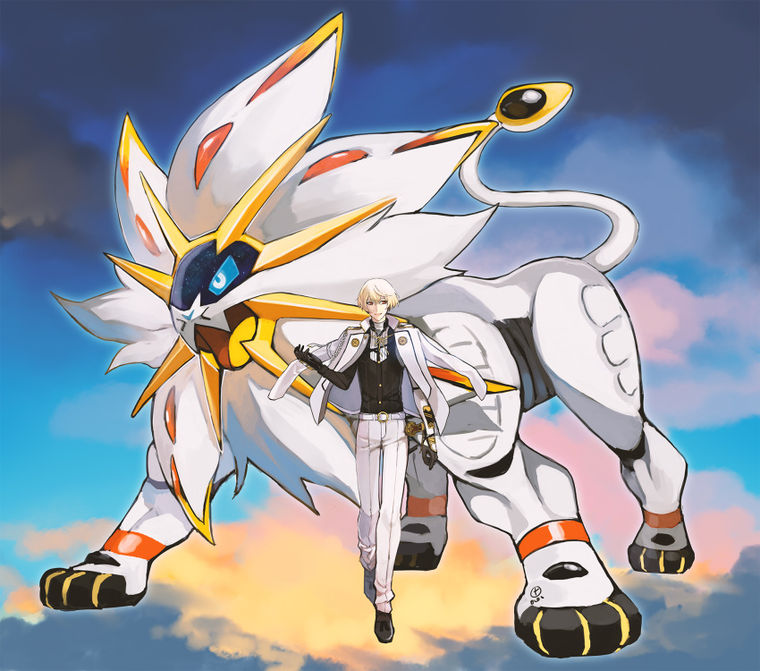1boy black_gloves blonde_hair blue_eyes clouds cloudy_sky crossover gloves higekiri_(touken_ranbu) highres jacket_on_shoulders legendary_pokemon lion looking_to_the_side male_focus military military_uniform obo pokemon pokemon_(creature) pokemon_(game) pokemon_sm signature sky smile solgaleo touken_ranbu uniform yellow_eyes