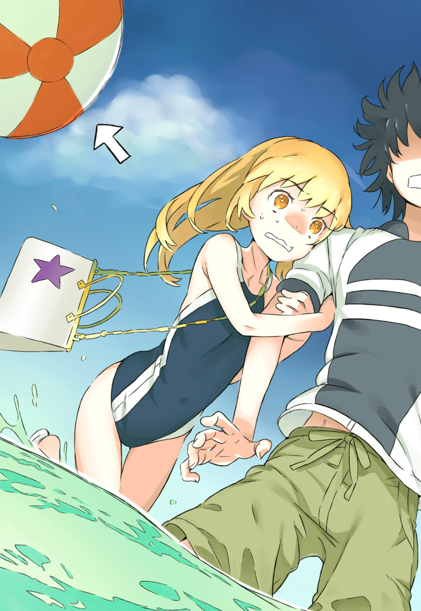 +_+ 1boy 1girl bag ball beachball black_hair blonde_hair colored haimura_kiyotaka handbag highres holding holding_arm kamijou_touma male_swimwear no_eyes one-piece_swimsuit polaris55740 shokuhou_misaki swim_trunks swimsuit swimwear symbol-shaped_pupils to_aru_majutsu_no_index to_aru_majutsu_no_index:_new_testament water yellow_eyes younger