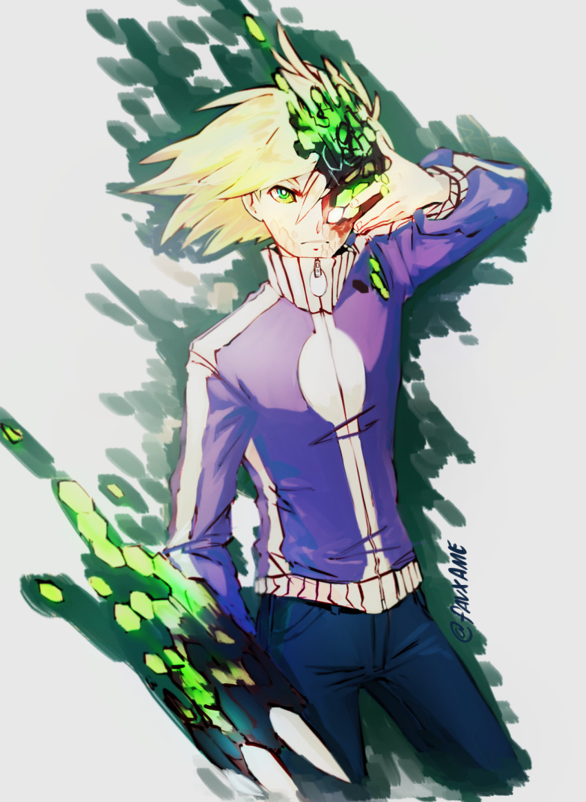 1boy blonde_hair calme_(pokemon) denim green_eyes grey_background highres jacket jeans looking_at_viewer male_focus one_eye_covered pants pokemon pokemon_(creature) pokemon_(game) pokemon_xy purple_jacket raw_gummy simple_background solo standing transformation twitter_username zipper zygarde