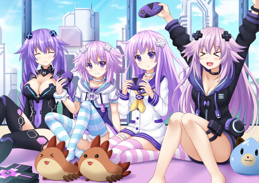 &gt;:t &gt;_&lt; 4girls :d :t ^_^ arms_up bangs barefoot black_legwear blush braid breasts choker choujigen_game_neptune cleavage closed_eyes collarbone covered_navel d-pad dual_persona hair_ornament holster hood hooded_track_jacket indoors jacket kazenokaze large_breasts lavender_hair leotard long_hair looking_at_another multiple_girls neckerchief nepgear neptune_(choujigen_game_neptune) neptune_(series) open_mouth playing_games power_symbol purple_hair purple_heart shin_jigen_game_neptune_vii siblings sisters smile striped striped_legwear stuffed_toy thigh-highs thigh_holster track_jacket twin_braids victory_pose violet_eyes xd