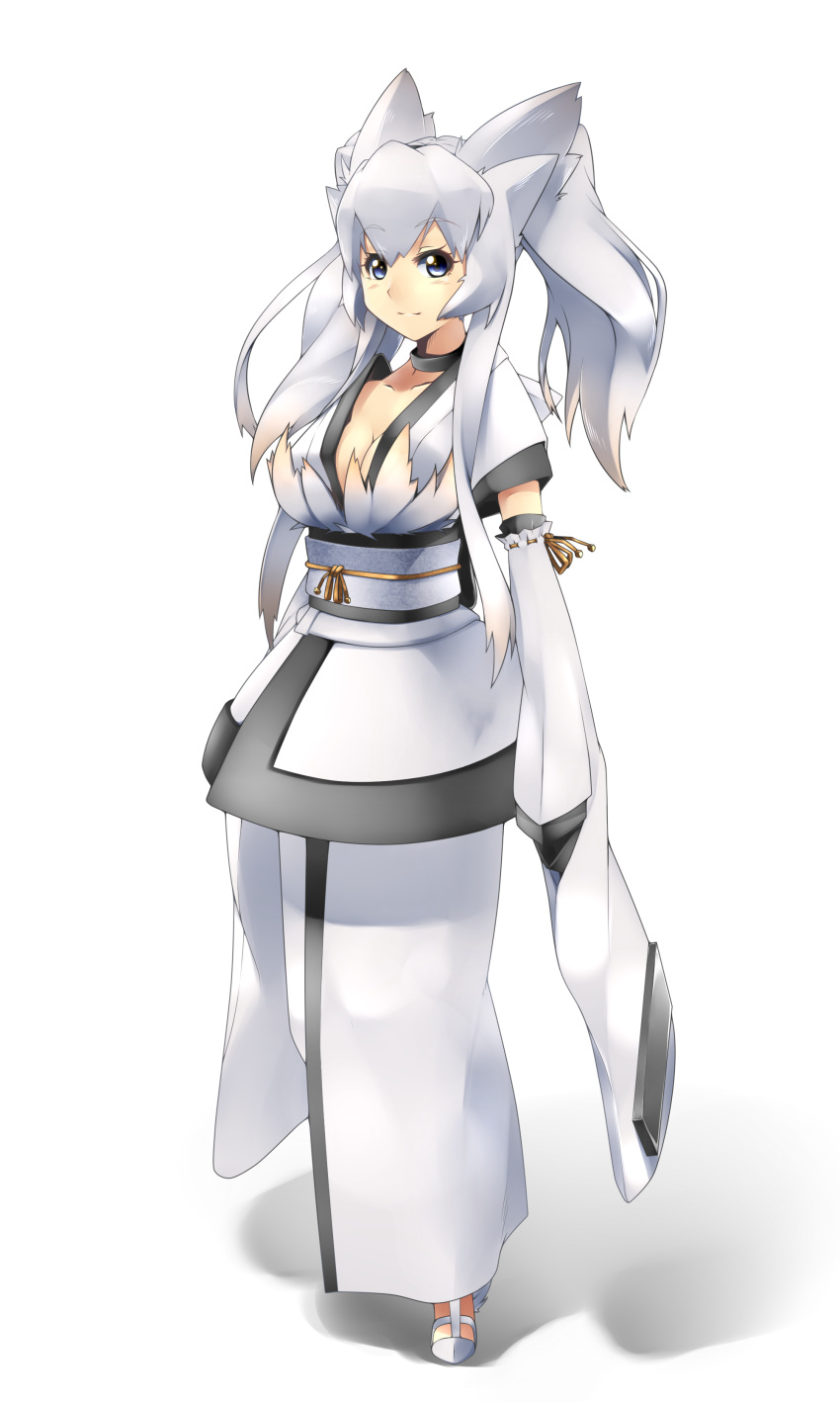 1girl absurdres blue_eyes breasts cleavage detached_sleeves highres japanese_clothes kagiyama_(gen'ei_no_hasha) kimono large_breasts looking_at_viewer personification pokemon reshiram smile solo white_background white_hair