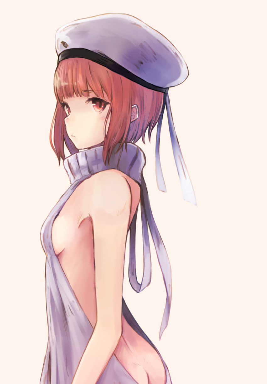 1girl ass auburn_hair bangs bare_back blunt_bangs breasts butt_crack closed_mouth from_side hat highres kantai_collection koretsuki_aduma naked_sweater red_eyes ribbed_sweater short short_hair sideboob sleeveless sleeveless_turtleneck small_breasts solo standing sweater turtleneck white_hat z3_max_schultz_(kantai_collection)