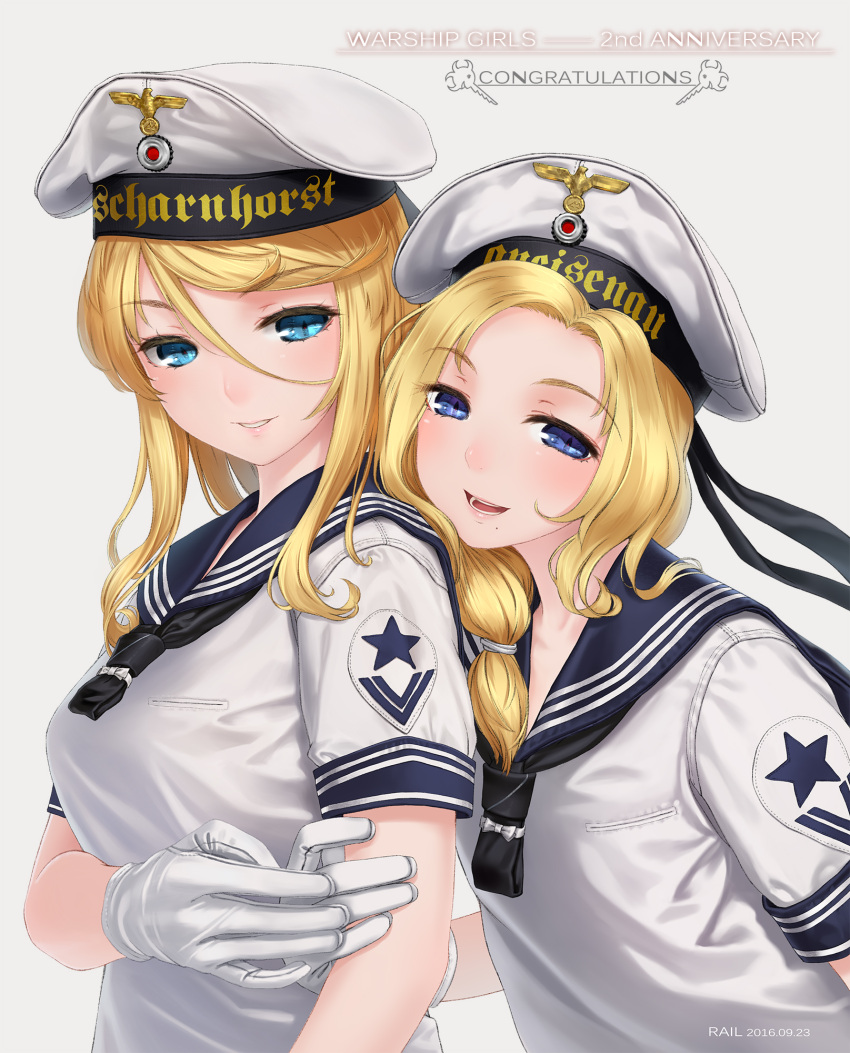 2girls :d artist_name blonde_hair blue_eyes blush breasts character_name commentary_request copyright_name dated gloves gneisenau_(zhan_jian_shao_nyu) hair_between_eyes hair_over_shoulder hand_on_another's_arm hand_on_another's_hand hat highres lips looking_at_viewer military military_uniform mole mole_under_mouth multiple_girls open_mouth parted_lips rail_(silverbow) sailor sailor_collar sailor_hat scharnhorst_(zhan_jian_shao_nyu) shirt short_sleeves smile teeth text uniform upper_body white_gloves white_hat white_shirt zhan_jian_shao_nyu