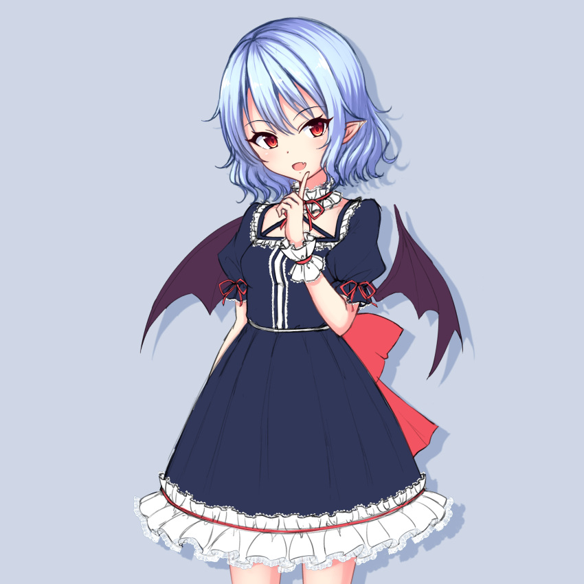 1girl absurdres alternate_color bat_wings black_dress blue_hair cowboy_shot dress fang finger_to_mouth frilled_dress frills highres index_finger_raised junior27016 lavender_background neck_ribbon open_mouth pointy_ears puffy_short_sleeves puffy_sleeves red_eyes red_ribbon remilia_scarlet ribbon short_sleeves solo touhou wings wrist_cuffs