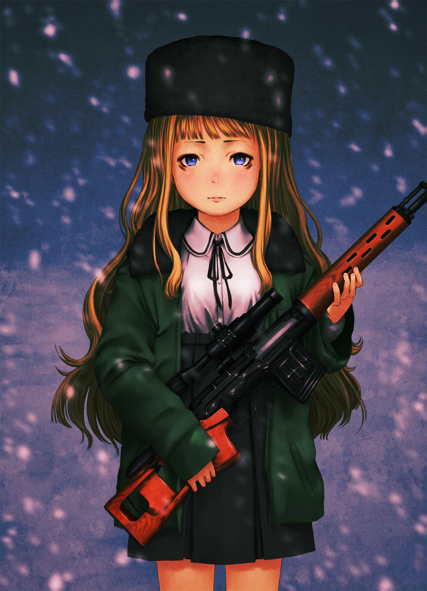 1girl bangs belt_buckle black_ribbon black_skirt blonde_hair blue_eyes blunt_bangs blush buckle buttons closed_mouth coat commentary_request cowboy_shot dragunov_svd eyelashes gun hat highres holding holding_gun holding_weapon hotateyuki long_hair long_sleeves looking_at_viewer miniskirt motion_blur neck_ribbon original pleated_skirt ribbon rifle sad skirt sniper_rifle snowing solo weapon