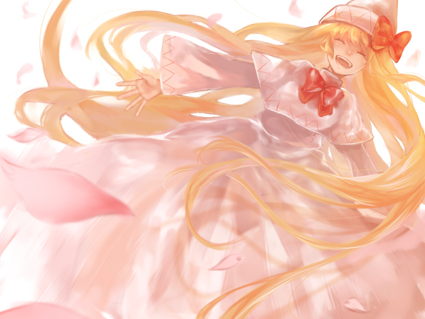 1girl blonde_hair bow bowtie capelet closed_eyes commentary_request dress facing_viewer hat highres lily_white long_hair open_mouth petals red_bow red_bowtie simple_background smile solo subaru18 touhou very_long_hair white_background white_dress white_hat wide_sleeves