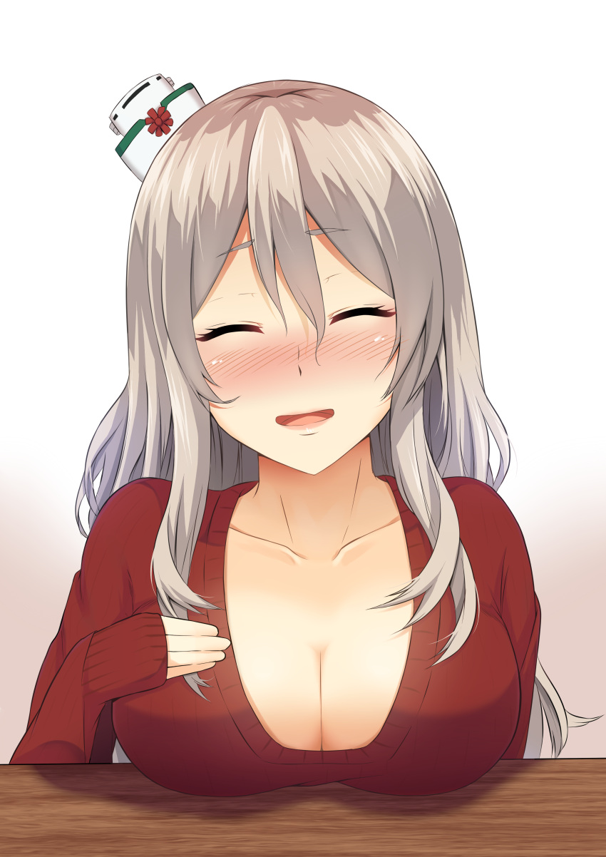 1girl ^_^ absurdres bangs blush breast_rest breasts cleavage closed_eyes collarbone eyebrows eyebrows_visible_through_hair gradient gradient_background grey_hair hair_between_eyes hand_on_own_chest hat highres kantai_collection large_breasts long_hair long_sleeves looking_at_viewer mini_hat ohiya open_mouth pink_lips pola_(kantai_collection) red_sweater silver_hair sleeves_past_wrists smile solo sweater upper_body white_background wooden_table
