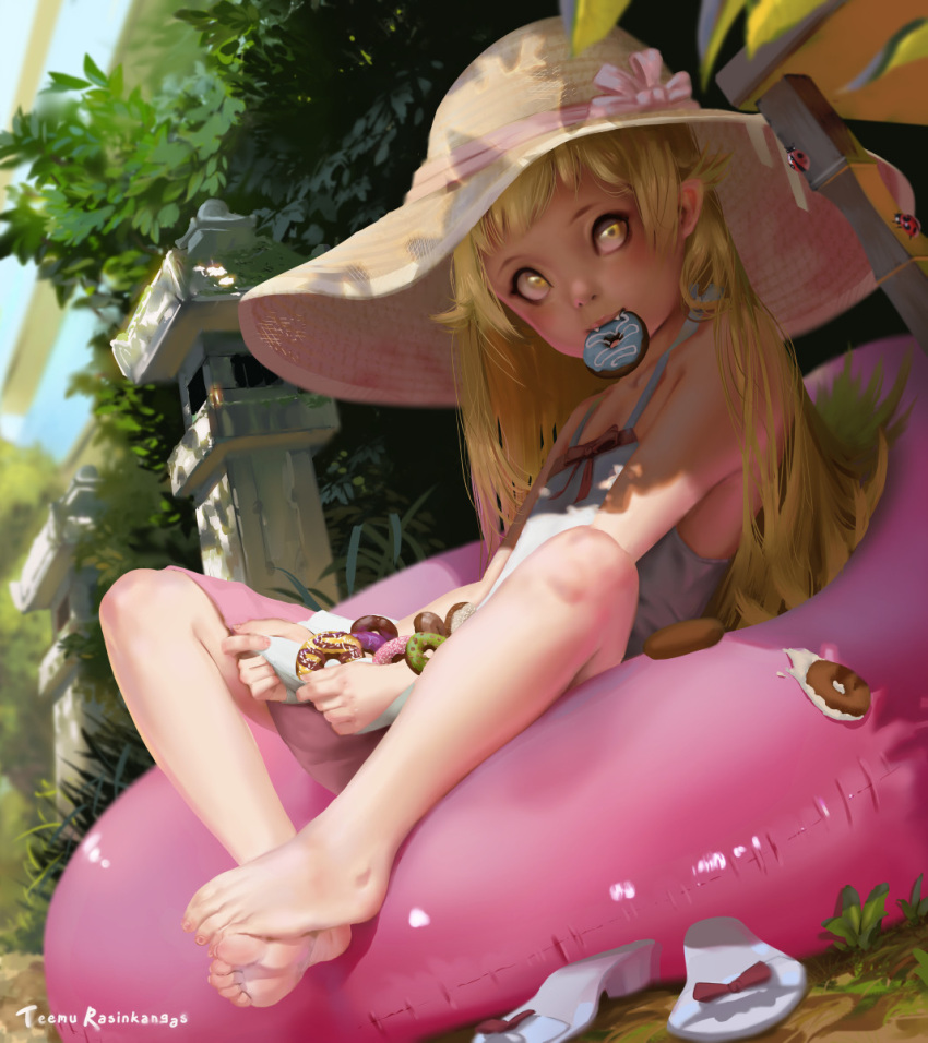 1girl barefoot bean_bag_chair blonde_hair doughnut dress fangs feet food food_in_mouth grass hat highres leaf looking_at_viewer monogatari_(series) mouth_hold oshino_shinobu pointy_ears sandals sandals_removed shade sitting skirt_hold solo sun_hat sundress teemu_rasinkangas vampire yellow_eyes