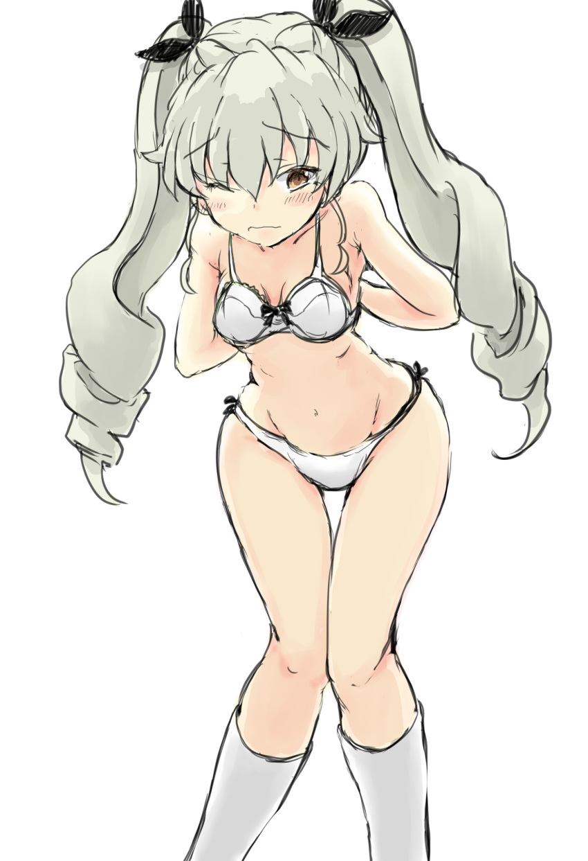 1girl anchovy arms_behind_back bangs blush bow bow_bra bow_panties bra breasts brown_eyes commentary drill_hair dvddvd girls_und_panzer green_hair hair_ribbon highres long_hair medium_breasts minimini one_eye_closed panties ribbon simple_background sketch socks solo standing thigh_gap twin_drills twintails underwear underwear_only undressing white_background white_bra white_legwear white_panties