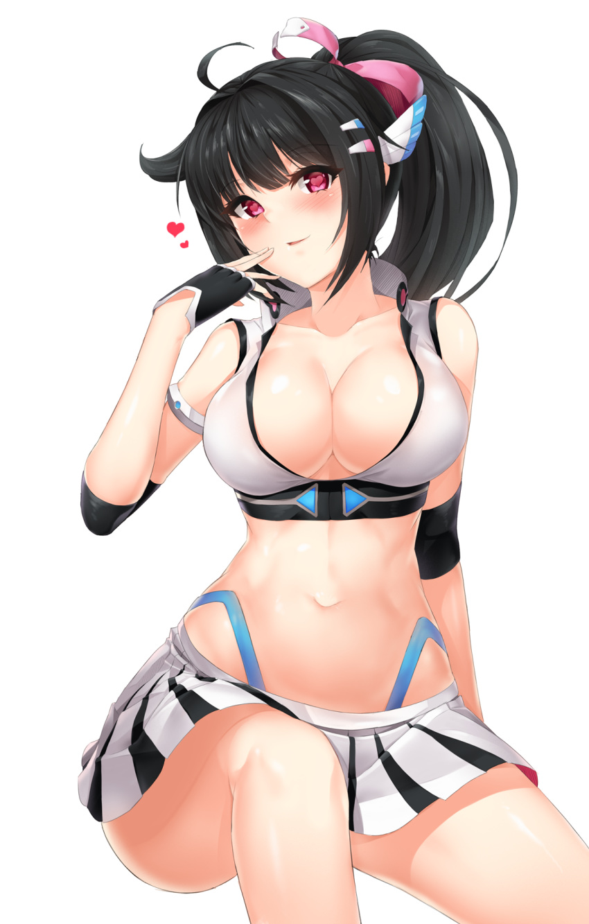 1girl ahoge black_gloves black_hair blue_panties breasts cleavage collarbone crop_top finger_to_mouth fingerless_gloves gloves hair_ribbon heart heart-shaped_pupils high_ponytail highleg highleg_panties highres large_breasts long_hair looking_at_viewer moing original panties pink_eyes pink_ribbon pleated_skirt ribbon simple_background skirt soccer_spirits solo symbol-shaped_pupils underwear white_background