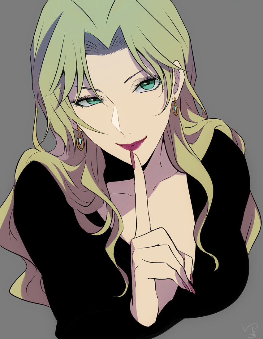 1girl black_shirt blonde_hair breasts closed_mouth collarbone earrings eyelashes finger_to_mouth fingernails green_eyes grey_background highres index_finger_raised jewelry long_fingernails long_hair long_sleeves looking_at_viewer medium_breasts meitantei_conan nail_polish nuku parted_lips red_nails shirt shushing simple_background smile solo upper_body vermouth_(meitantei_conan)